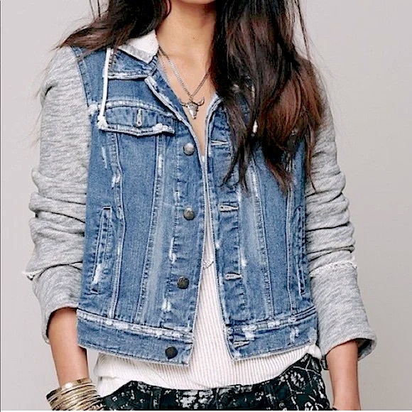 Free People Distressed Denim Knit Hoodie Jean Jacket Small - Picture 11 of 11